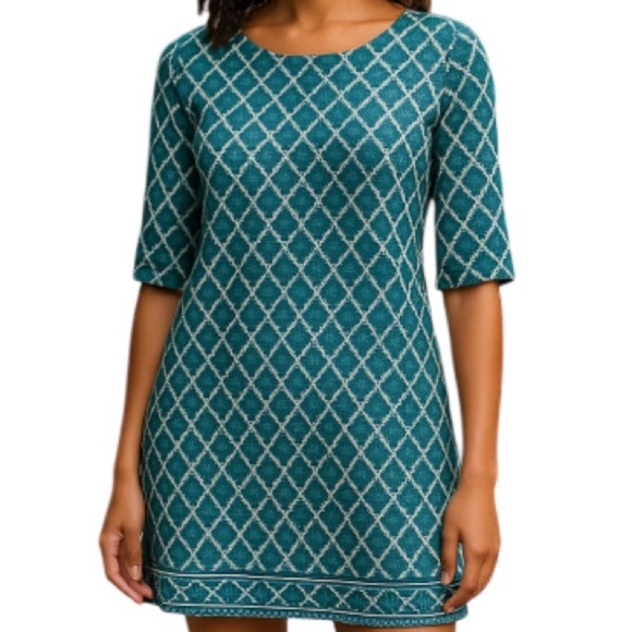 WHITE HOUSE BLACK MARKET Retro Print Dress Green Round Neck 3/4 Sleeve Size S - Picture 1 of 11